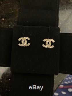 100% Auth CHANEL CC Classic Stud Earrings Crystal & Goldtone