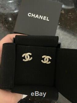100% Auth CHANEL CC Classic Stud Earrings Crystal & Goldtone