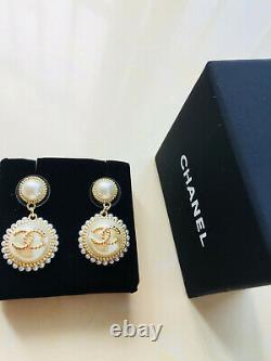 100% Authentic Chanel Gold Plated Large Glass Pearl Drop CC Logo Earrings