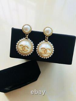 100% Authentic Chanel Gold Plated Large Glass Pearl Drop CC Logo Earrings
