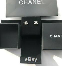 100% Authentic Chanel Silver-Tone CC Crystal Rhinestone Studs Earrings Mini