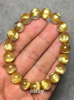 10.5mm Natural Gold Rutilated Quartz Titanium Crystal Round Beads Bracelet AAAA