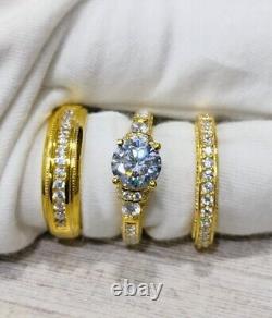 14KYellow Gold Plated Natural Moissanite Women 7/ Men's 10 Wedding Trio Set Ring