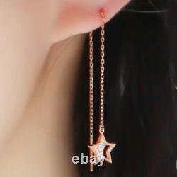 14K Solid Rose Gold Twinkle Star Long Threader Drop Dangle a Pair Earrings TPD