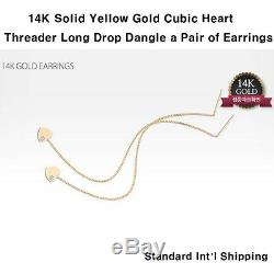 14K Solid Yellow Gold Cubic Heart Threader Long Drop Dangle a Pair Earrings TPD