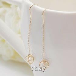 14K Solid Yellow Gold Heart Pearl Drop Long Threader Dangle a Pair Earrings TPD