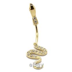 14K Solid Yellow Gold Navel Belly Ring Beautiful Snake/Serpent with 15 CZ
