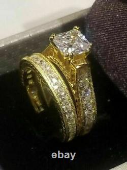 14K Yellow Gold Over 2.5Ct Princess Diamond Solitaire Engagement Bridle Ring Set