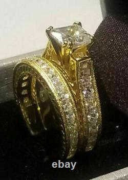 14K Yellow Gold Over 2.5Ct Princess Diamond Solitaire Engagement Bridle Ring Set