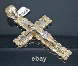 14K Yellow Gold Over Nugget Jesus Crucifix Cross Charm Diamond Cut Men 3 In