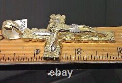 14K Yellow Gold Over Nugget Jesus Crucifix Cross Charm Diamond Cut Men 3 In