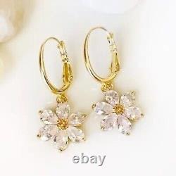 14K Yellow Gold Plated 1.50 Ct Pear Simulated Diamond Flower Drop/Dangle Earring