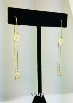 14K Yellow Gold Threader Earring Long Chain Dangle Round Open Circle Disc