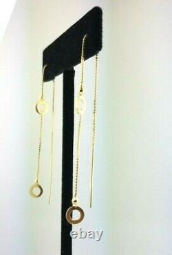 14K Yellow Gold Threader Earring Long Chain Dangle Round Open Circle Disc