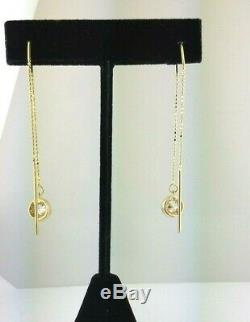 14K Yellow Gold Threader Earring Long Moon Chain. 20 CT Diamond Ball Dangle