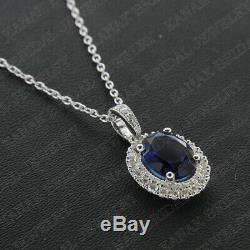 14k White Gold Finish 0.23 Ct Oval Blue Sapphire Halo Pendant Charm For Women's