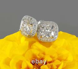 14k White Gold Finish 2 Ct Sparkly White Cushion Shape Stone Stud Earrings