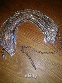 14k White Gold GP Multi-Chain Choker Necklace made with Swarovski Crystal Stone