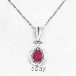 14k White Gold Plated 2.10 Ct Pear Cut Simulated Pink Ruby Halo Pendent Necklace