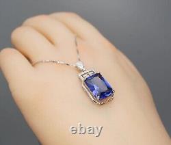 14k White Gold Plated 4 Ct Emerald Cut Simulated Blue Sapphire Solitaire Pendant