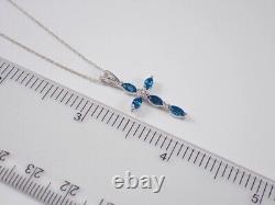 14k White Gold Plated Marquise Cut Simulated Blue Topaz Cross Pendant With Chain