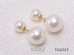 18K Gold 7-11mm White Round Freshwater Cultured Pearl Double-sided Studs Earring