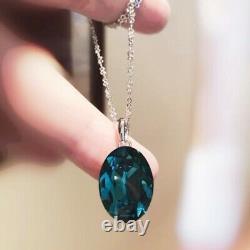 18K White Gold Filled Made With Swarovski Crystal Single Oval Sapphire Necklace