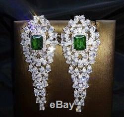 18K White Gold GF Chandelier Earrings w Green Emerald & Simulated Diamond Stone