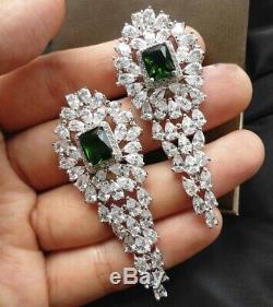 18K White Gold GF Chandelier Earrings w Green Emerald & Simulated Diamond Stone