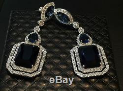 18k White Gold 2.5 Long Earrings made w Swarovski Crystal Blue Sapphire Stone