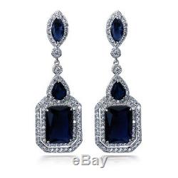 18k White Gold 2.5 Long Earrings made w Swarovski Crystal Blue Sapphire Stone