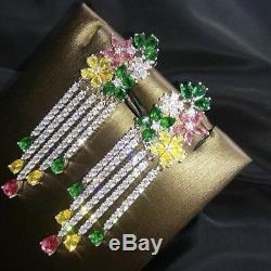 18k White Gold Chandelier Earrings made w Swarovski Crystal Multicolor Stone