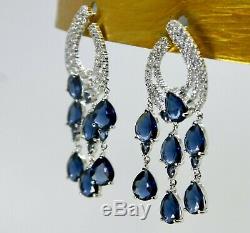 18k White Gold Chandelier Earrings made w Swarovski Crystal Sapphire Blue Stone