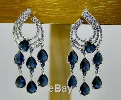 18k White Gold Chandelier Earrings made w Swarovski Crystal Sapphire Blue Stone