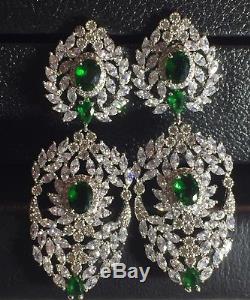 18k White Gold Chandelier Earrings w Swarovski Crystal Emerald Green Marquise