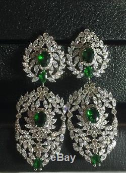 18k White Gold Chandelier Earrings w Swarovski Crystal Emerald Green Marquise