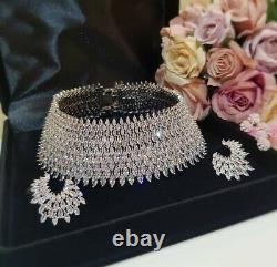 18k White Gold GF Choker Necklace Earrings Set Sim. Diamond Designer Inspired