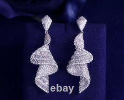 18k White Gold GF Long Swirl Earrings Simulated Diamond Stone Designer Inspired