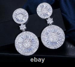 18k White Gold GF Round Dangle Earrings made w Swarovski Crystal Baguette Stone
