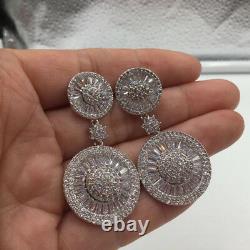 18k White Gold GF Round Dangle Earrings made w Swarovski Crystal Baguette Stone