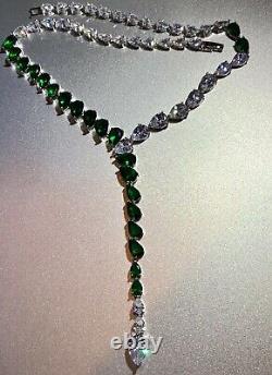 18k White Gold GP Necklace Earrings Set made w Swarovski Diamond & Green Emerald