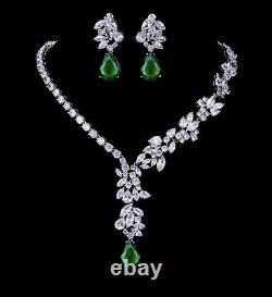 18k White Gold GP Necklace Earrings Set made with Swarovski Crystal Green Emerald