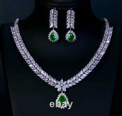 18k White Gold GP Necklace Earrings made w Swarovski Crystal Green Emerald Stone