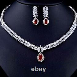18k White Gold GP Necklace Earrings made w Swarovski Crystal & Red Garnet Stone