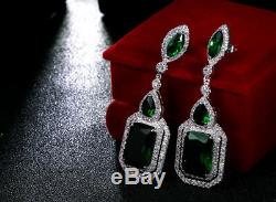 18k White Gold Long Earrings made w Swarovski Emerald Green Stone Quality Jewel