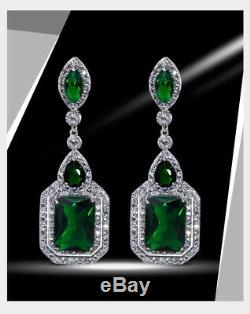 18k White Gold Long Earrings made w Swarovski Emerald Green Stone Quality Jewel