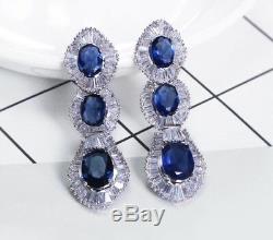 18k White Gold Long Earrings w Swarovski Sapphire Blue Baguette Stone Gorgeous
