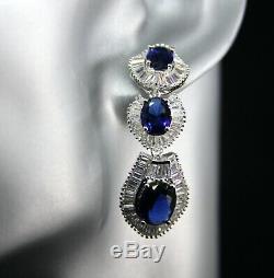 18k White Gold Long Earrings w Swarovski Sapphire Blue Baguette Stone Gorgeous