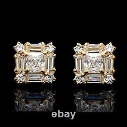 1CT Princess Baguette Round Simulated Diamond Stud Earrings 14K Yellow Gold Over