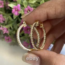 1.20Ct Round VVS1/D Real Natural Moissanite Hoop Earrings 14K Yellow Gold Finish